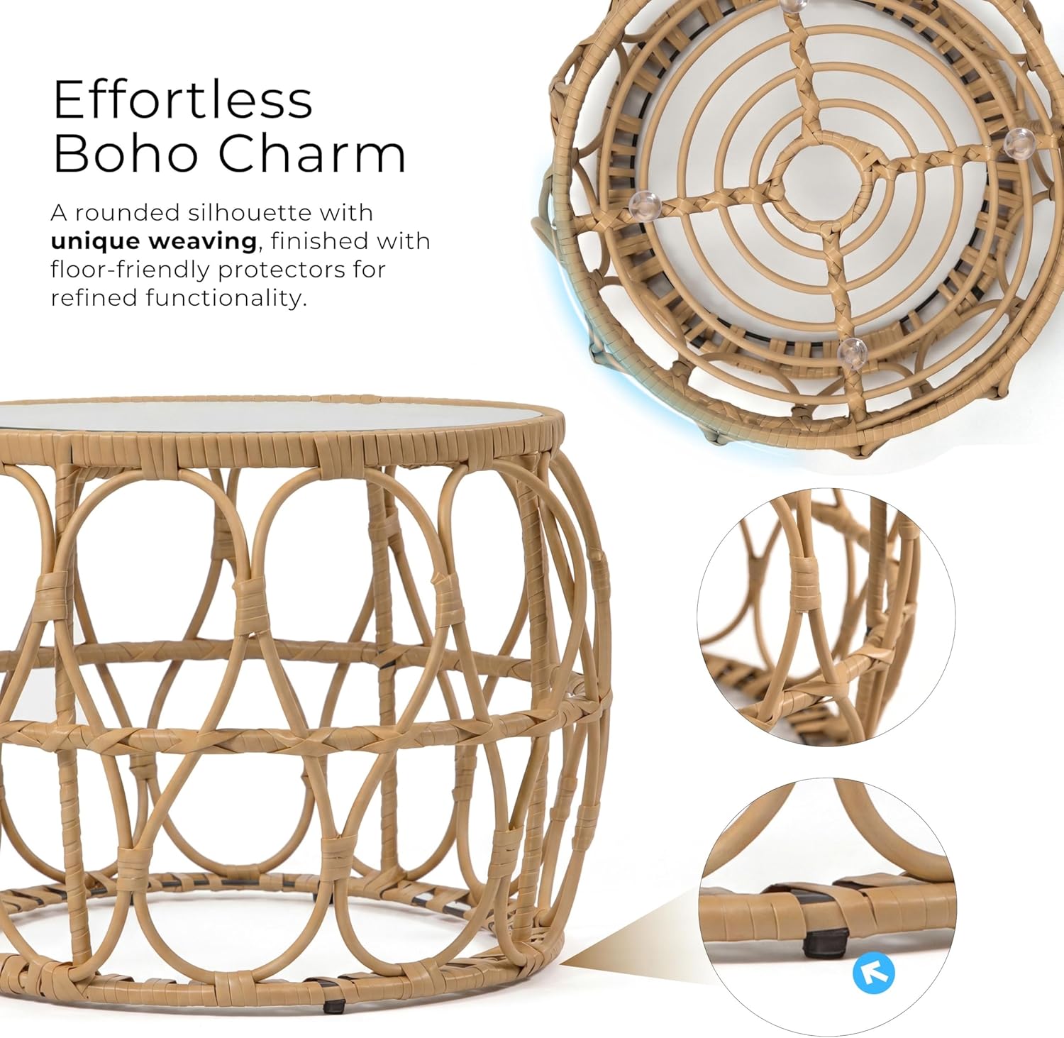 Furniture of America Ysar Boho Rattan Round Coffee Table Outdoor with 5mm Tempered Glass Top, All-Weather and Rust Resistant Patio Furniture