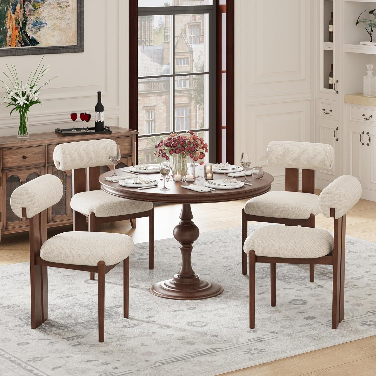 MALOL Modern Wooden Dining Chairs Set of 6, Upholstered Fabric Kitchen Chairs with Sculptural Backrest, Mid-Century Farmhouse Dining Room Chairs with Solid Wood Legs, Beige