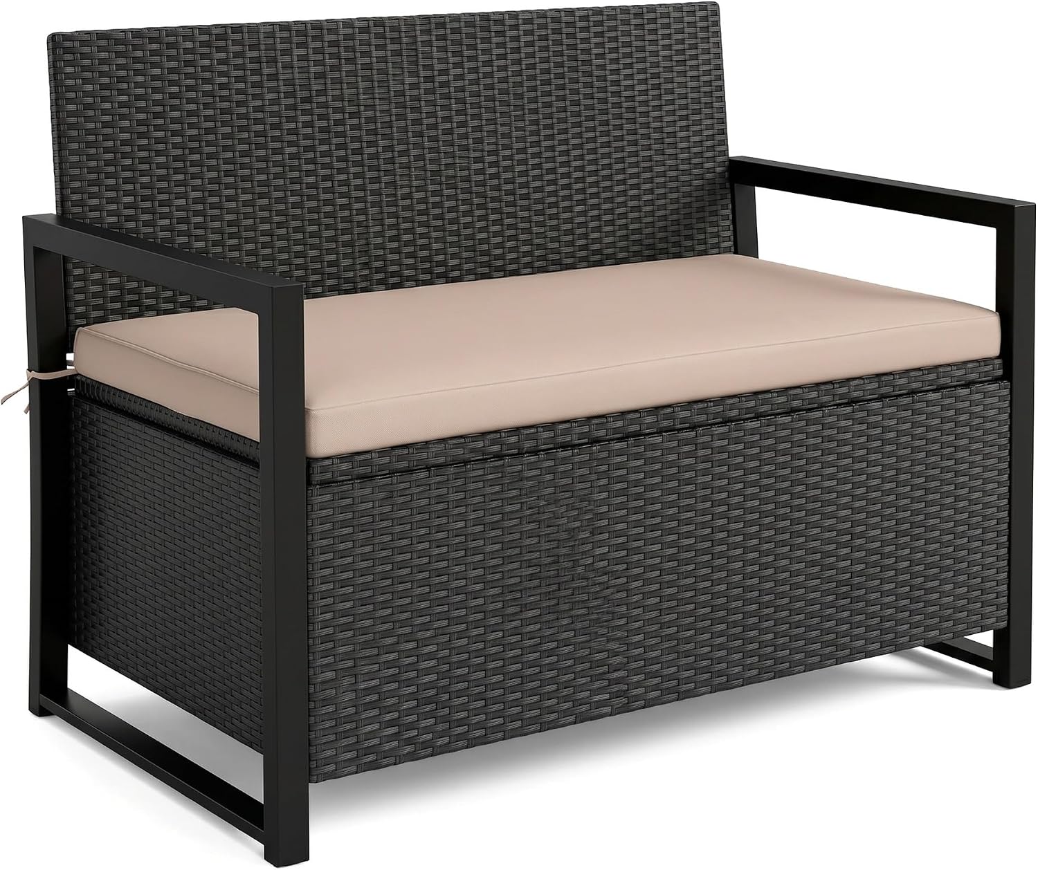 2-in-1 Outdoor Wicker Patio Storage Bench, 40 Gallon Loveseat with Removable Cushion, 800 LBS Capacity Weather Resistant Seat for Backyard Poolside