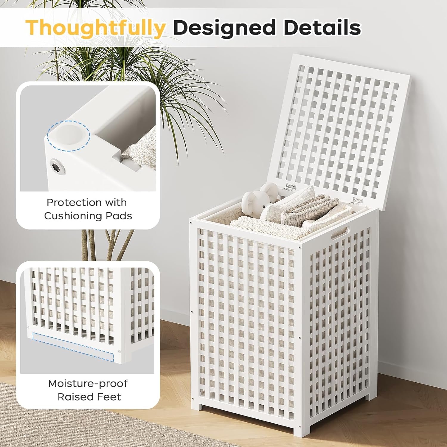 oakvivo Bamboo Laundry Hamper, 17.7" x 17.7" x 25.6" Bathroom Waterproof Wood Laundry Basket with Lid and Handles, Laundry Sorter with Removable Washing Bag, Laundry Bin Organizer for Bedroom(White)