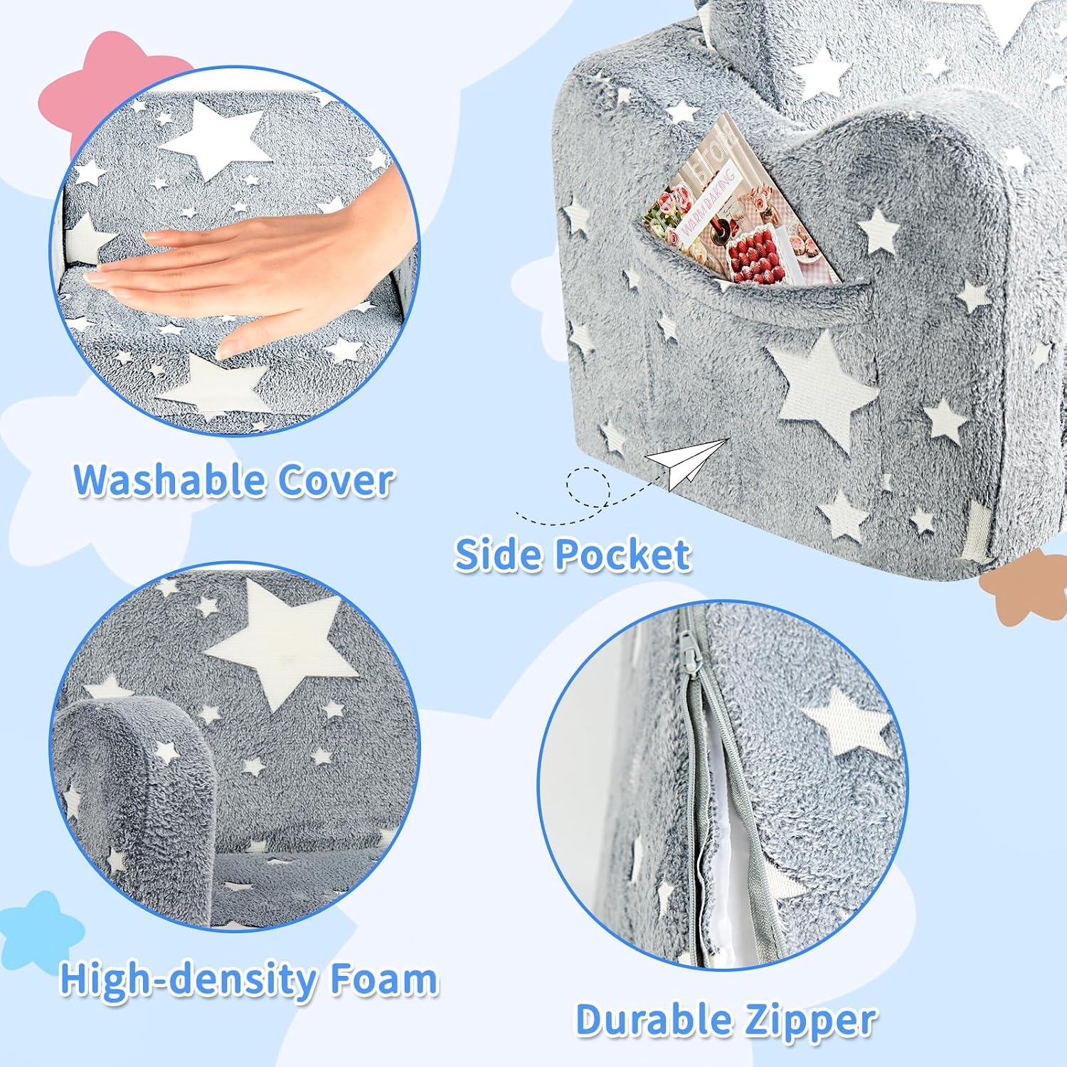 Toddler Couch, Glow in The Dark Kids Couch 2 in 1 Sofa Bed, Convertible Flip Open Toddler Sofa Couch Bed, Kids Sofa for Playroom Bedroom