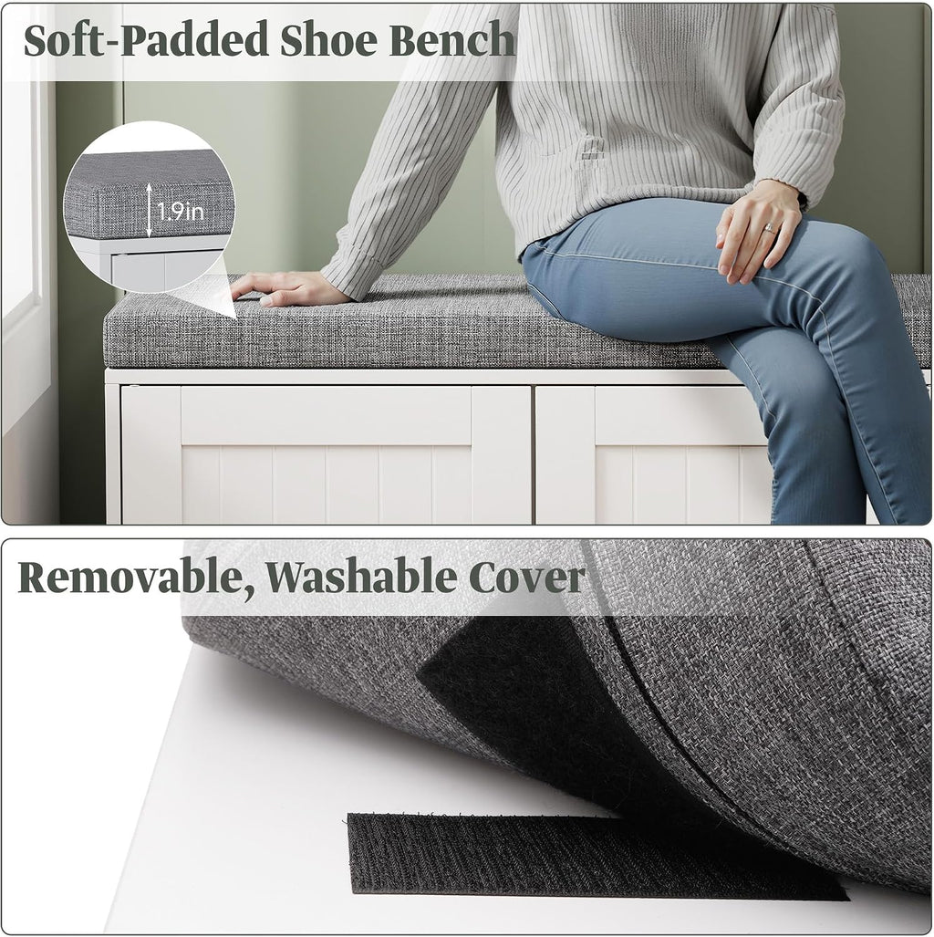 Turosur Shoe Storage Bench with Cabinet, 3-Tier Entryway Bench with Padded Seat Cushion, Shoe Cabinet Bench with 4 Adjustable Shelves for Bedroom, Mudroom, White