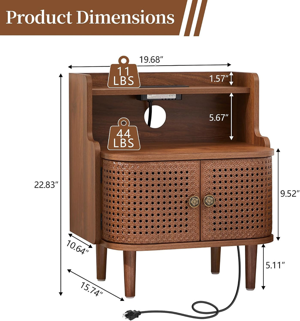 Metal Rattan End Table with Charging Station, Mid Century Modern Nightstand with 2 Doors, Bed Side Table with Storage for Couch, Living Room, Small Spaces, Sofa Side Table for Office, Dorm - Walnut