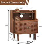 Metal Rattan End Table with Charging Station, Mid Century Modern Nightstand with 2 Doors, Bed Side Table with Storage for Couch, Living Room, Small Spaces, Sofa Side Table for Office, Dorm - Walnut