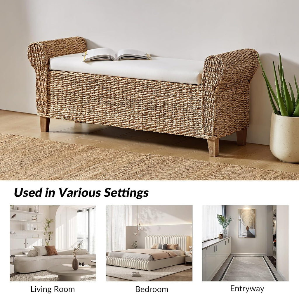56" Rattan Storage Bench with Rolled Arms, Bohemian Farmhouse End of Bed Upholstered Benches, Interior Divided Entryway Footstool with Solid Wood Legs, Natural