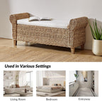 56" Rattan Storage Bench with Rolled Arms, Bohemian Farmhouse End of Bed Upholstered Benches, Interior Divided Entryway Footstool with Solid Wood Legs, Natural