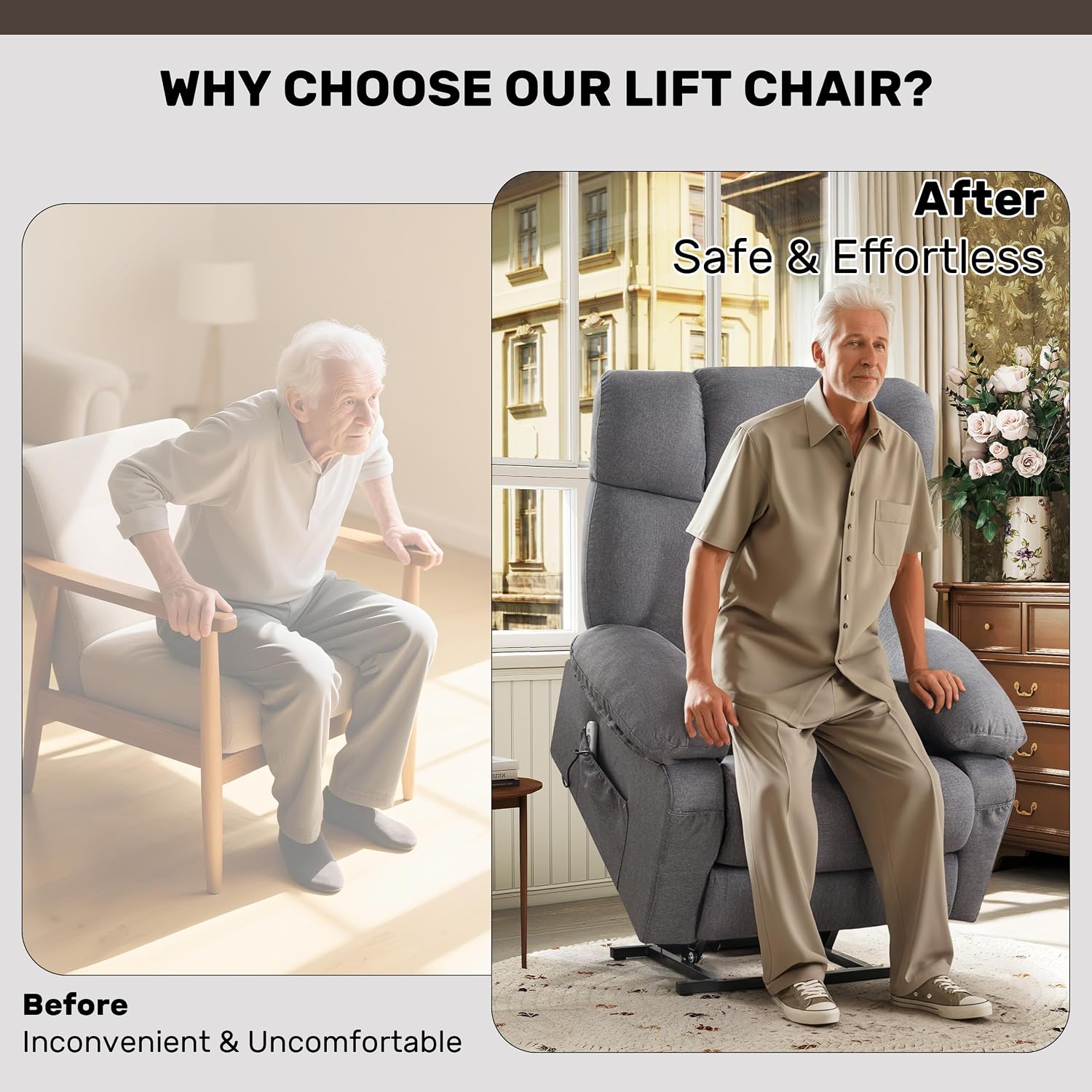 jonpony Power Lift Recliner Chair for Elderly, Big and Tall Lift Chair with Massage and Heat for Living Room, Fabric Electric Recliner Chairs with 4 Side Pockets, USB Charge Port, Grey