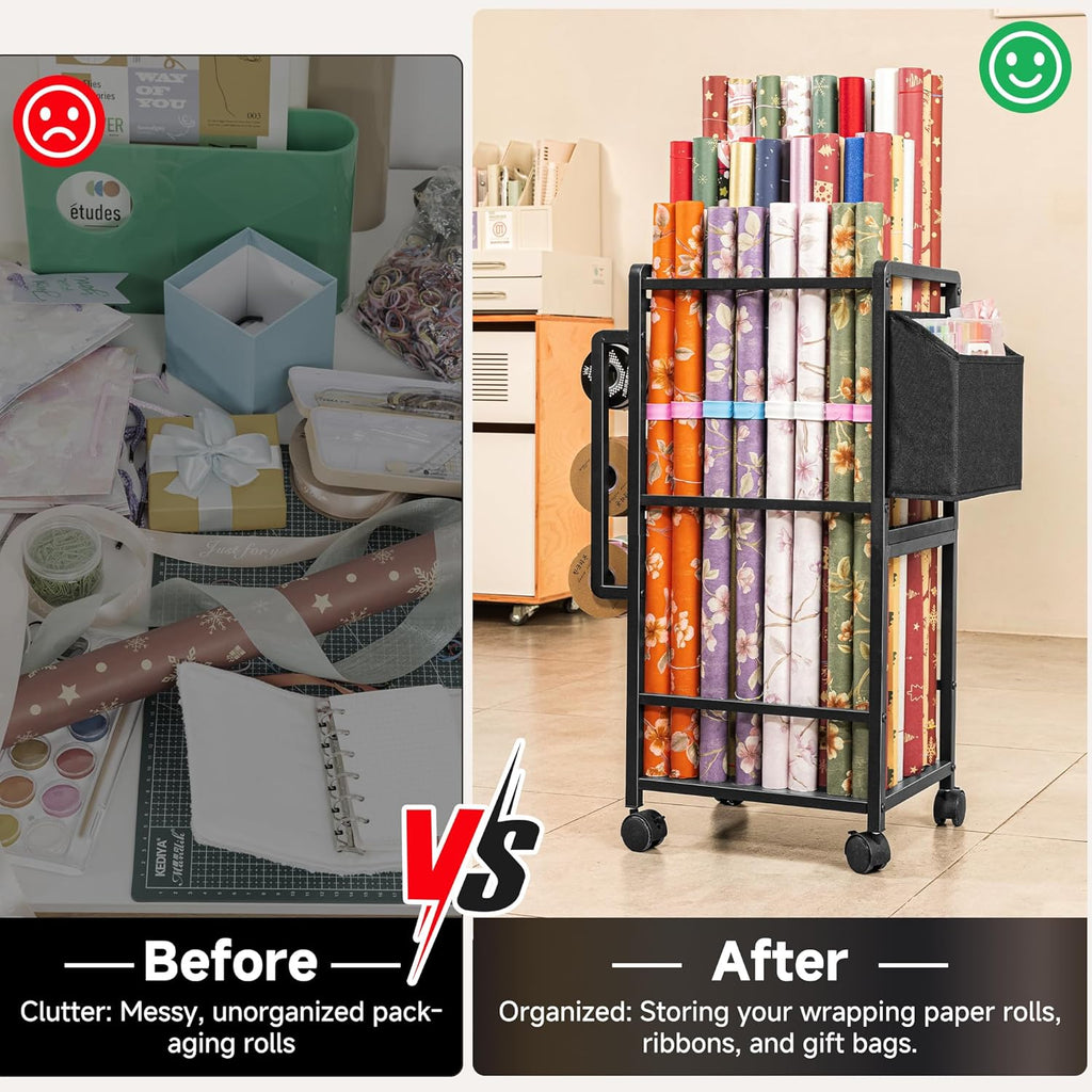 Aquzee Wrapping Paper Storage, Rolling Gift Wrap Storage Stand, Vertical Wrapping Paper Organizer Storage Cart, Ribbon Organizers, 12 PCS Slap Bands, 9 Adjustable Rod Design, Black