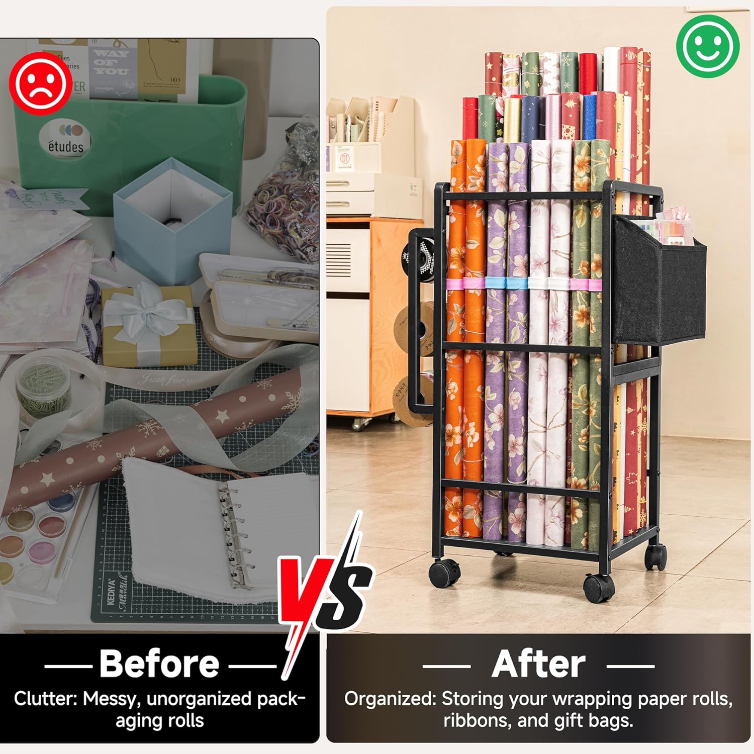 Aquzee Wrapping Paper Storage, Rolling Gift Wrap Storage Stand, Vertical Wrapping Paper Organizer Storage Cart, Ribbon Organizers, 12 PCS Slap Bands, 9 Adjustable Rod Design, Black