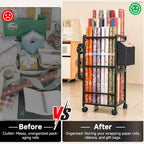Aquzee Wrapping Paper Storage, Rolling Gift Wrap Storage Stand, Vertical Wrapping Paper Organizer Storage Cart, Ribbon Organizers, 12 PCS Slap Bands, 9 Adjustable Rod Design, Black