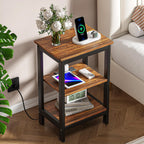 VECELO End Table with Charging Station and USB Ports, Small Wood Nightstand Modern, 24" Tall Living Room Side Table with 3-Tier Storage Shelves for Small Spaces, Office, Bedroom, Retro Brown, Set of 2