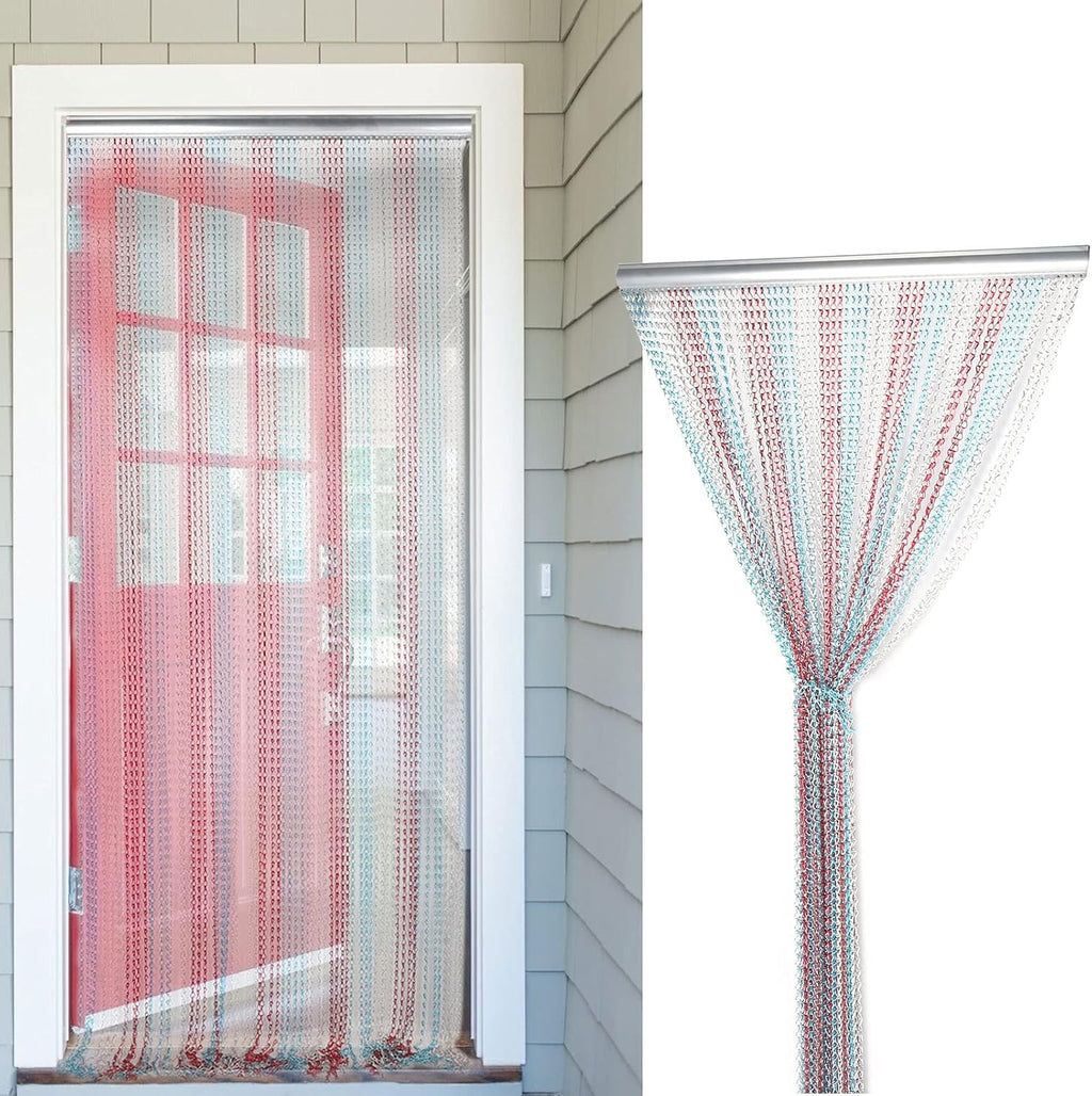 Dense Aluminum Chain Hanging Door Curtain, Ventilated Proof Room Divider in Red Blue Silver for Kitchen