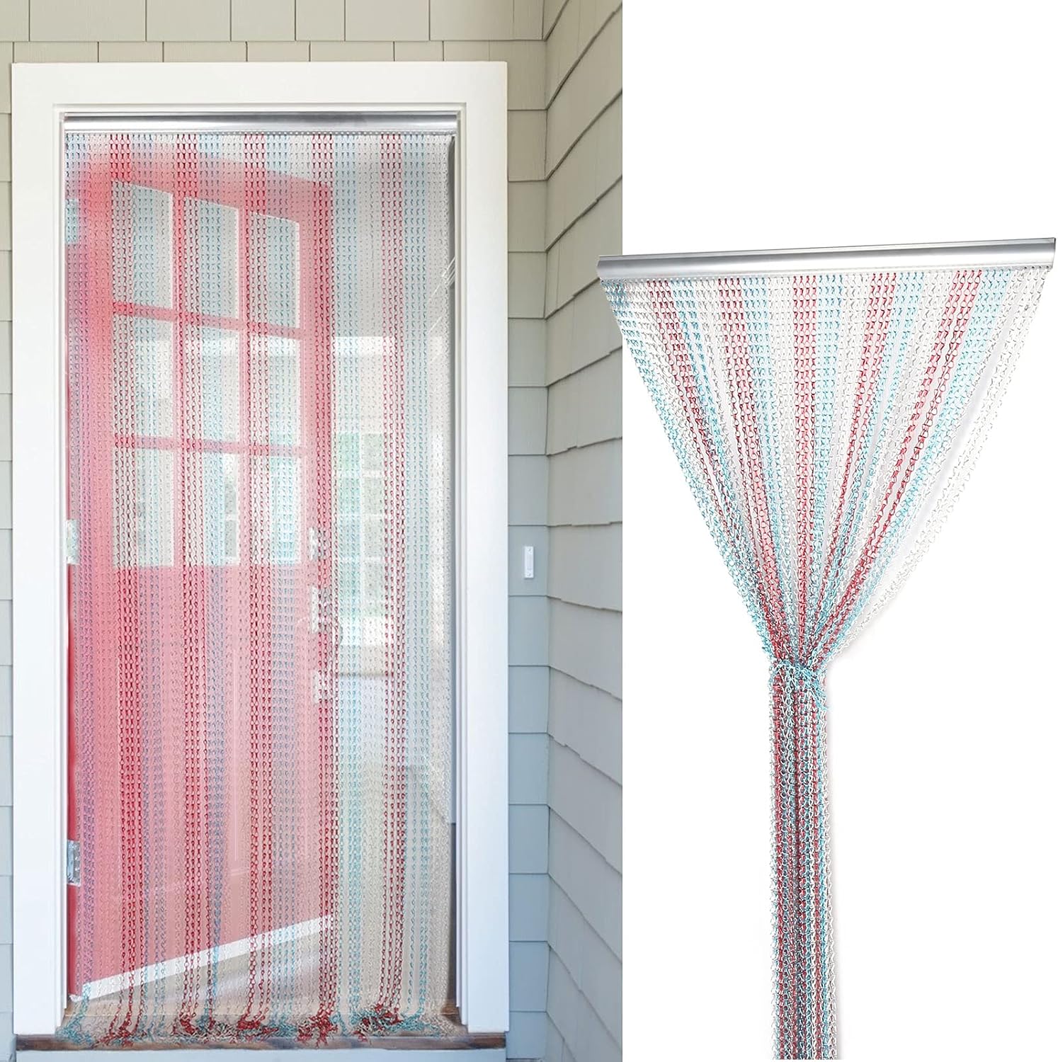 Dense Aluminum Chain Hanging Door Curtain, Ventilated Proof Room Divider in Red Blue Silver for Kitchen