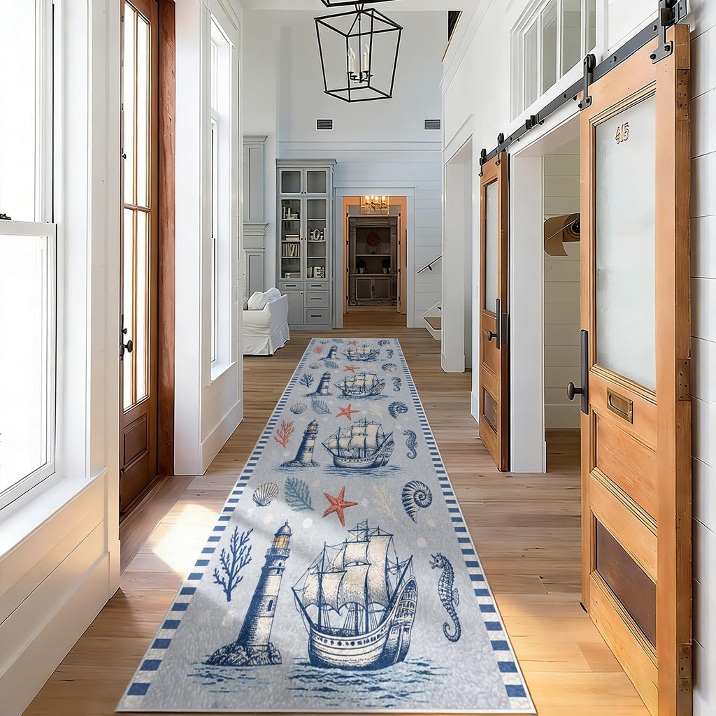 Vintage Nautical Lighthouse Entryway Runner Rug 2' x 5', Coastal Beach Sailing Ship Blue Striped Border Kitchen Floor Carpets, Non-Slip Low-Profile Door Mat for Farmhouse Hallway Dining Room