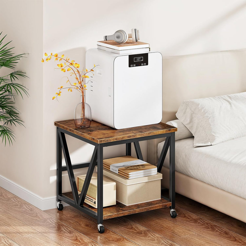 HOOBRO Mini Fridge Stand with 2-Tier Storage Shelf, 19.7” Square End Table, Mini Fridge Table with Wheels and Adjustable Feet, Sturdy Metal Frame for Living Room, Bedroom, Rustic Brown BF01BX01