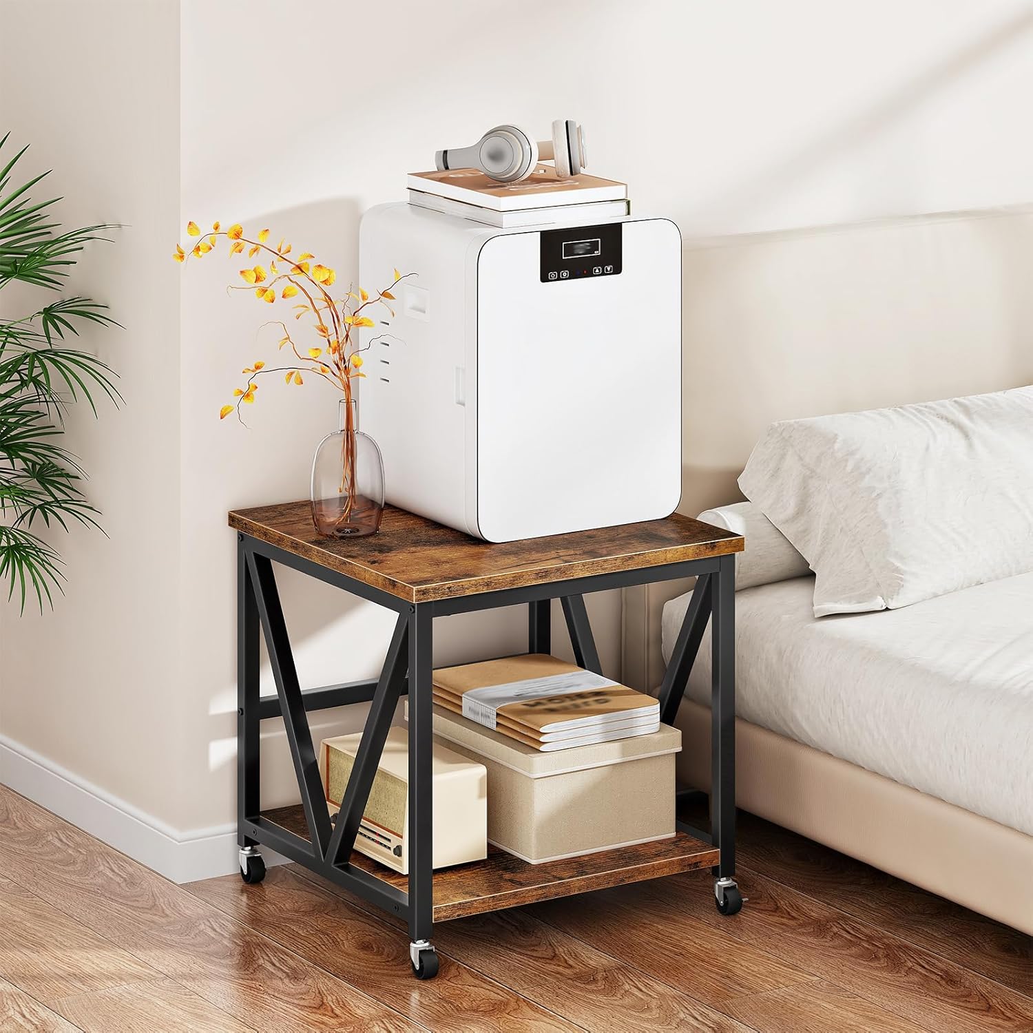 HOOBRO Mini Fridge Stand with 2-Tier Storage Shelf, 19.7” Square End Table, Mini Fridge Table with Wheels and Adjustable Feet, Sturdy Metal Frame for Living Room, Bedroom, Rustic Brown BF01BX01