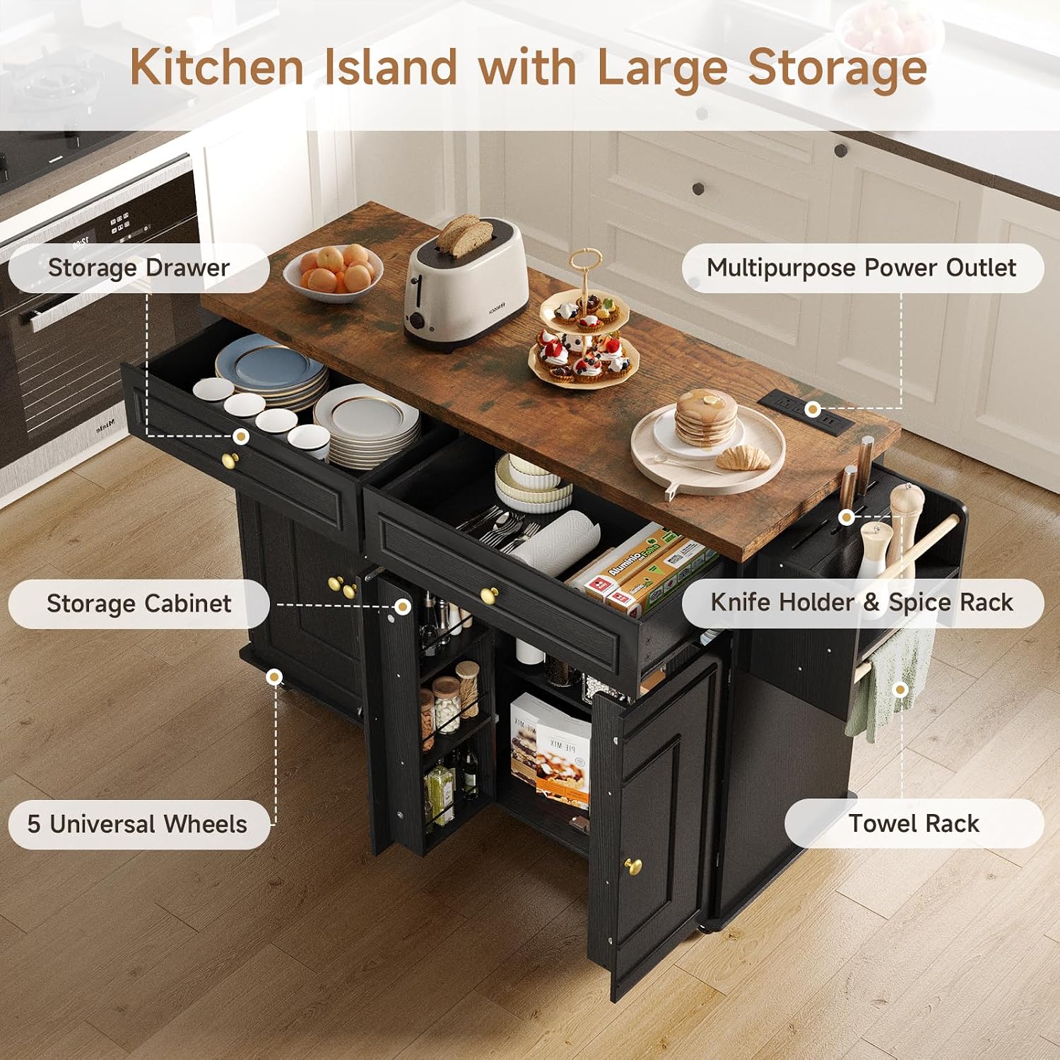 ONBRILL 58" Mobile Kitchen Island, Kitchen Island Cart with Power Outlet, Island Table for Kitchen, Home Bar Carts with Storage, Kitchen Rolling Island with Spice Rack & Towel Rack & Knife Holder
