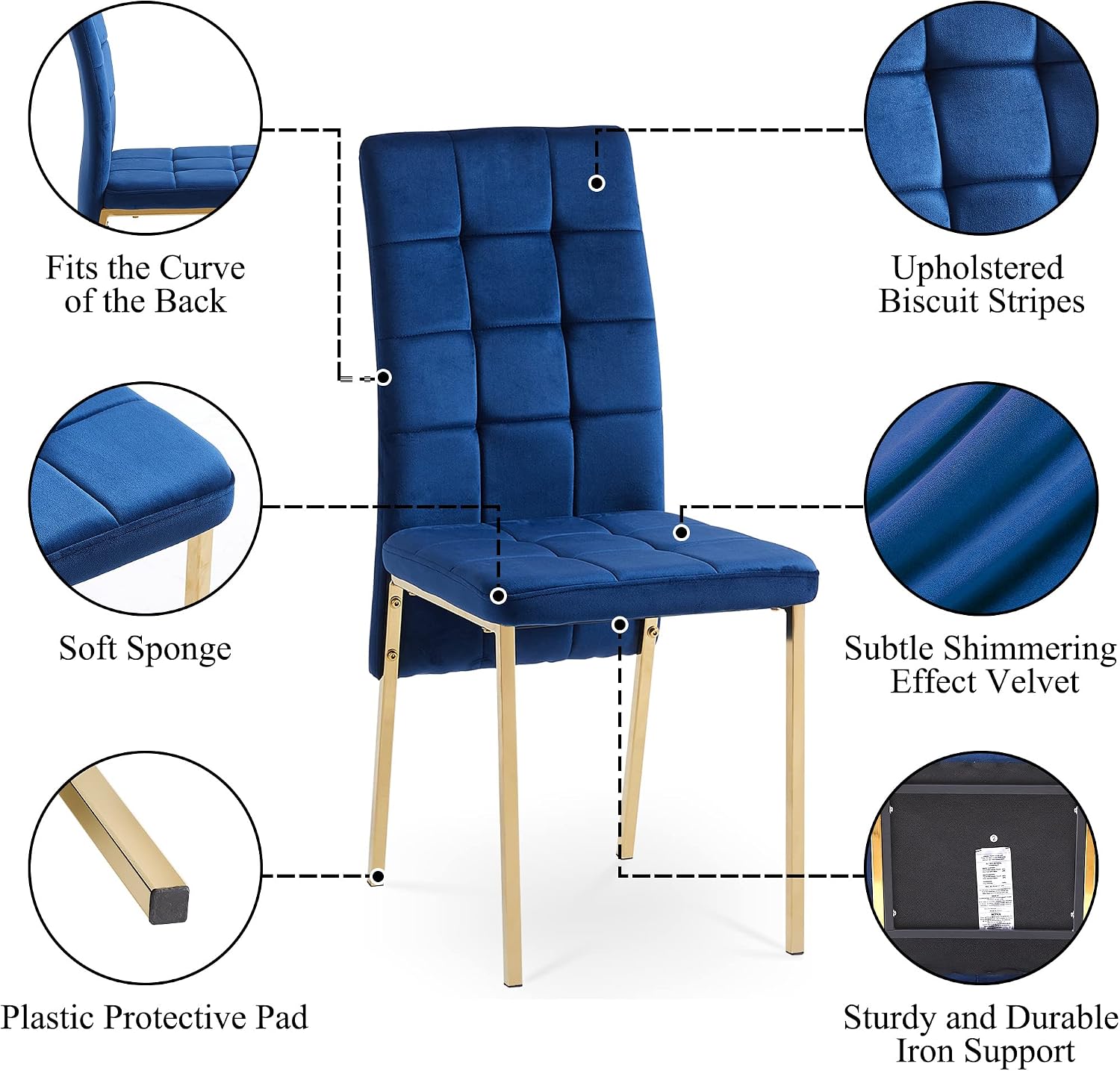 NORDICANA Upholstered Velvet Dining Chairs for 6, Classic High Back Kitchen Chairs Set of 6, Tufted Side Chairs, Golden Color Metal Legs, Navy Blue