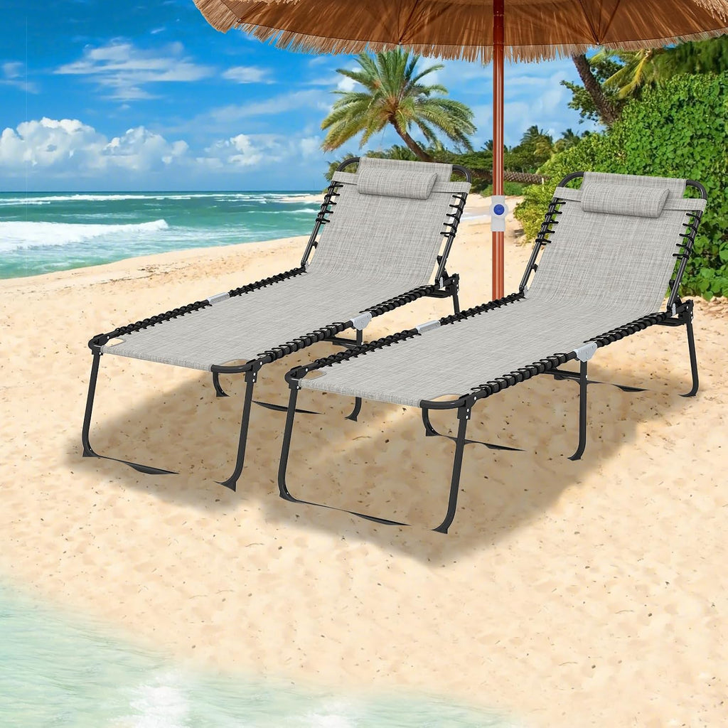 GYMAX Lounge Chair for Outside, 440lbs 27” Oversize Folding Beach Tanning Sunbath Chair with Adjustable Backrest & Removable Pillow, Lightweight Portable Patio Lounger for Lawn Poolside (2, Ashy)