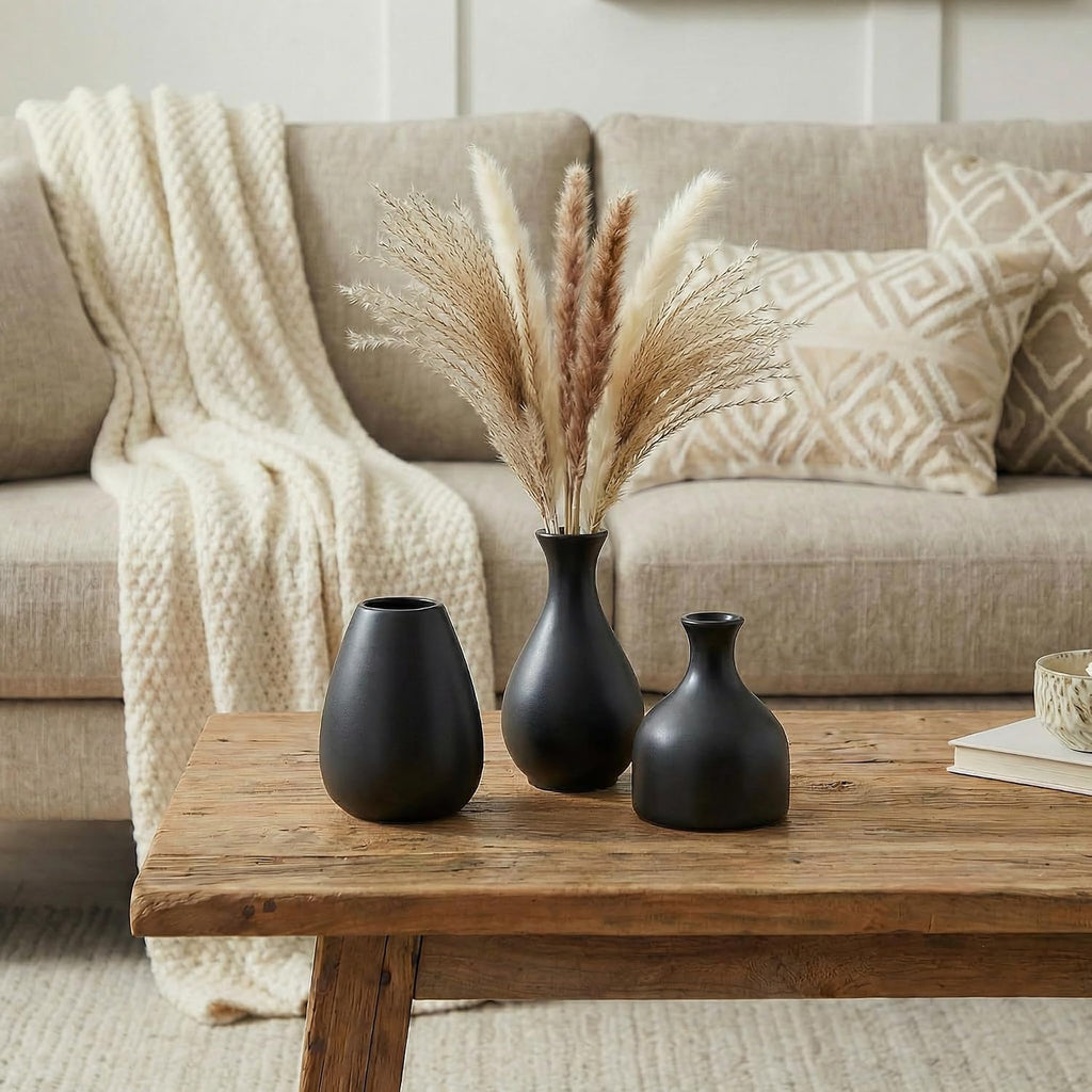 Black Bud Vases, Small Ceramic Vase Set of 11, Mini Pottery Vases for Flowers, Minimalist Boho Small Pampas Grass Flower Vase for Farmhouse Home Decor, Wedding Centerpiece, Shelf and Table Decoration