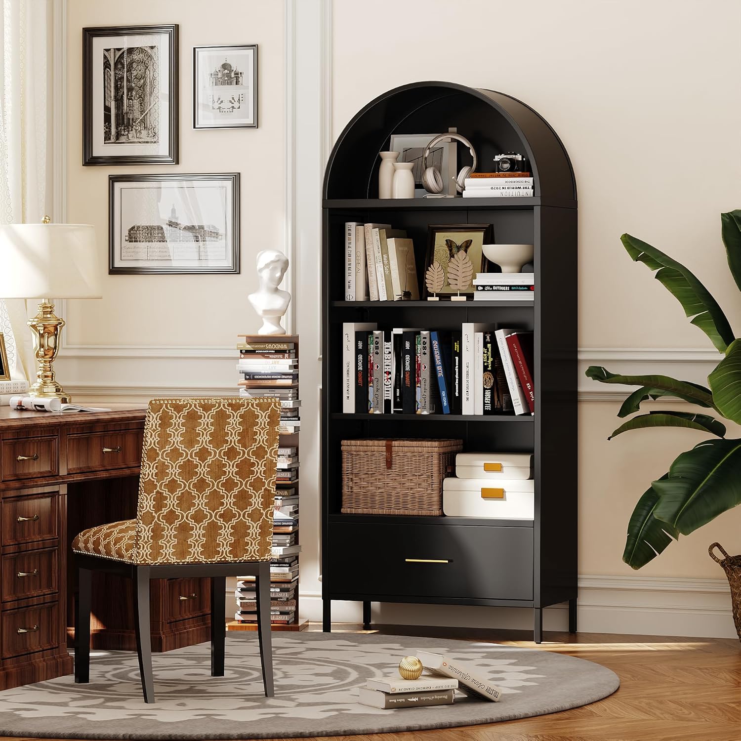 VEXPOR 73" Tall Arched Bookcase with Drawer, Metal Arched Cabinet with 2 Adjustable Shelves, Open Display Shelf for Home Office & Living Room, Heavy Duty Steel Storage Organizer