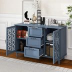 Sideboard Buffet Cabinet, American Farmhouse Blue 2 Door 3 Drawer Storage Credenza, Hollow Carved, Living Room Entryway Kitchen Dining Room Console Table, Home Furniture Decor