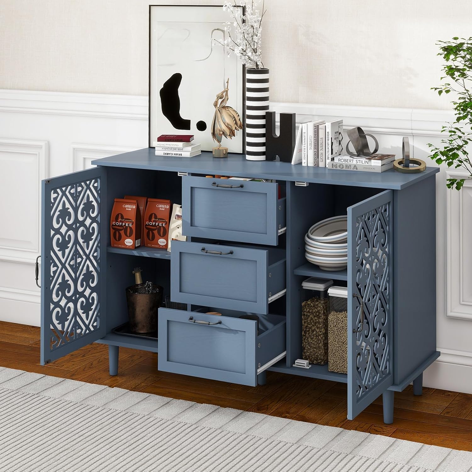 Sideboard Buffet Cabinet, American Farmhouse Blue 2 Door 3 Drawer Storage Credenza, Hollow Carved, Living Room Entryway Kitchen Dining Room Console Table, Home Furniture Decor