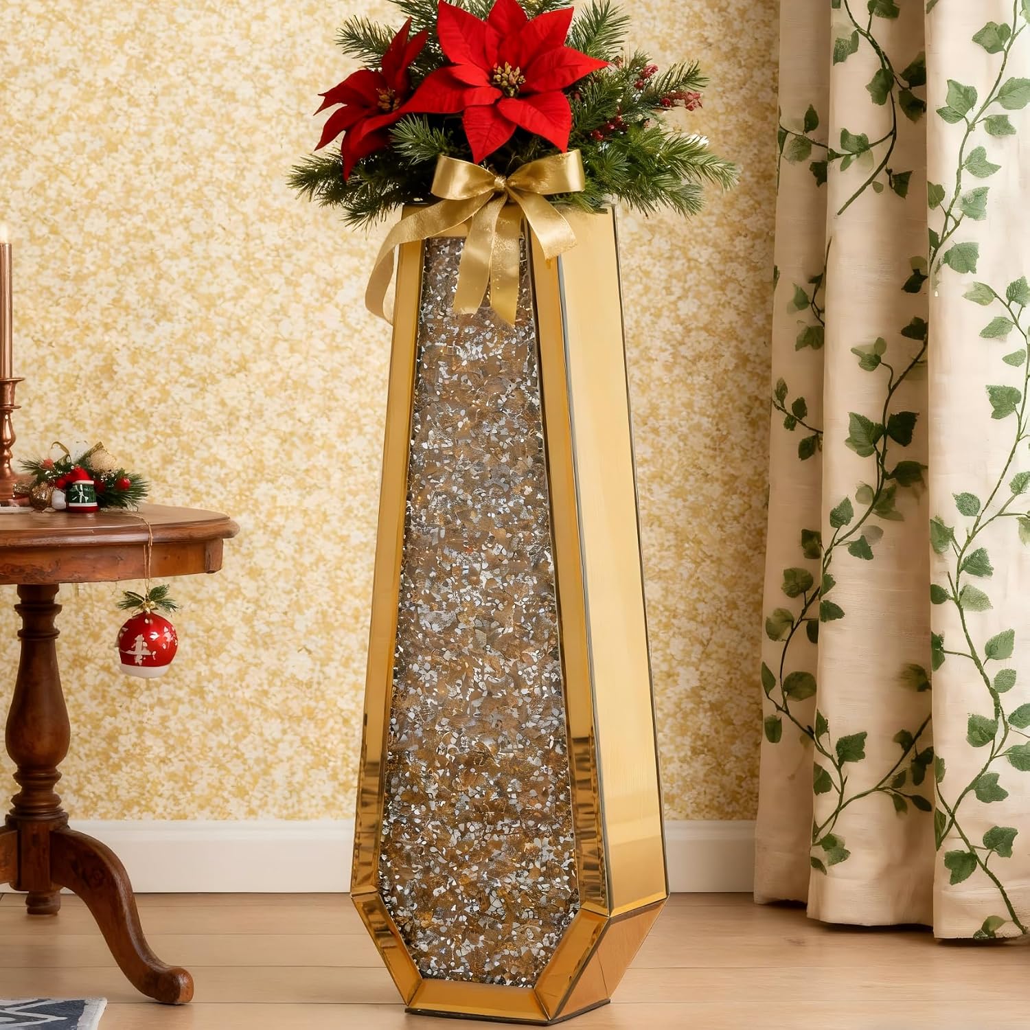 SHYFOY 24" Gold Floor Vase, Crushed Diamond Tall Glass Vase for Floor, Luxury Crystal Mirrored Decorative Flower Vase for Pampas Grass, Office and Home Decor