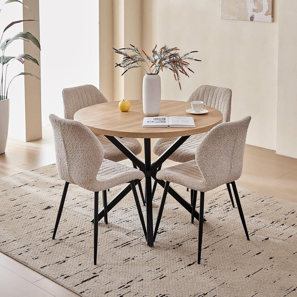39" Round Dining Table Set for 4, Mid Century Kitchen Table with 4 Boucle Upholstered Dining Chairs for Apartment Living Room Space Saving