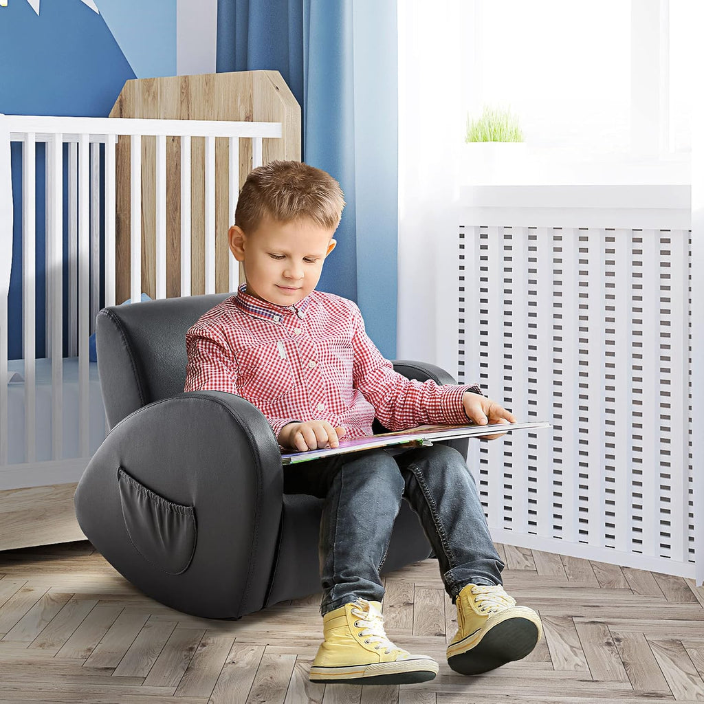 Sofa Rocking Chair with Side Pocket, PU Leather Toddler Armchair for Children Grey