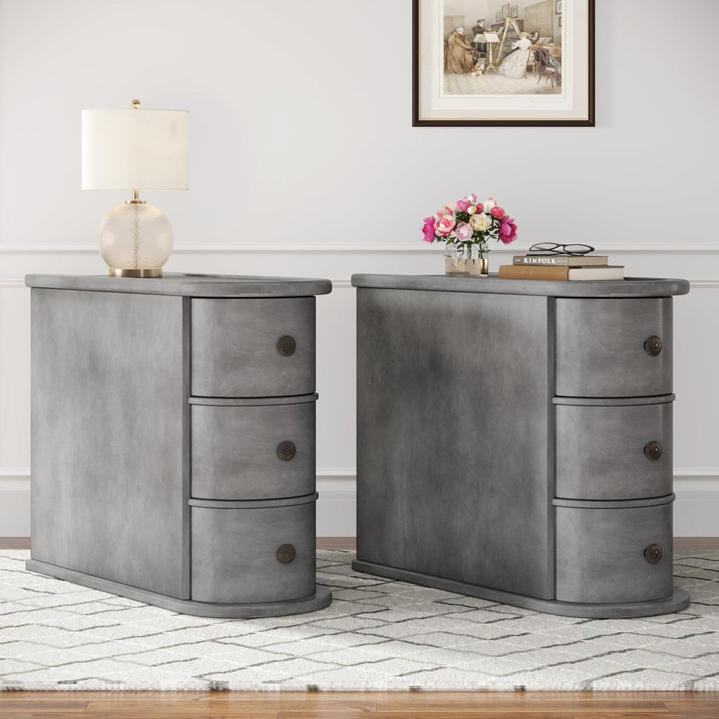 Wood End Table with 3 Drawers, No Assembly Required Narrow Sofa Side Table for Living Room, Vintage Slim Nightstand Bedside Table Bedroom (3 Drawers, Grey, 1Pc)