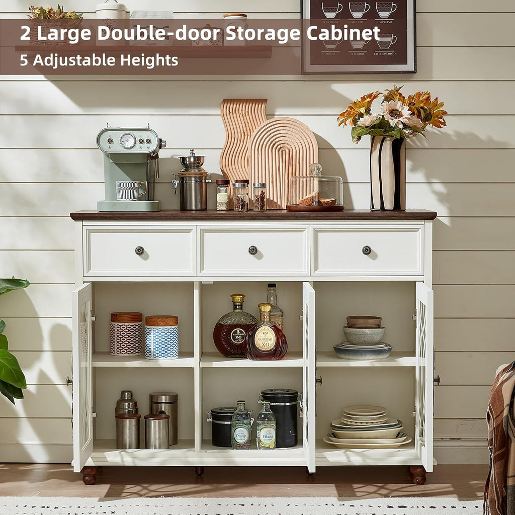 Joaxswe Farmhouse Sideboard Buffet Cabinet with Storage,48" Large Credenza with 3 Glass Doors & 3 Drawers,Adjustable Shelves Console Table,Wood Kitchen Coffee Bar for Dining Room,Living Room,White