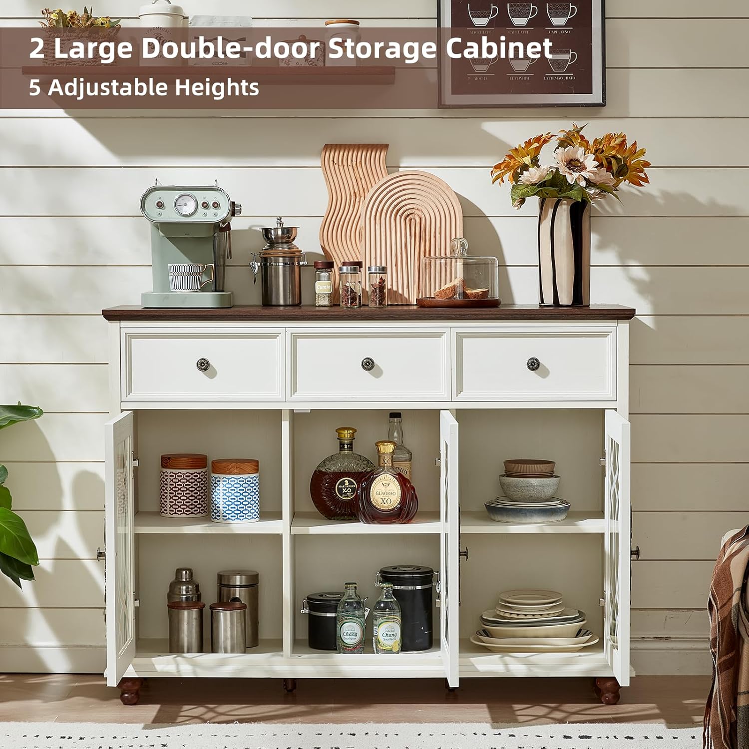 Joaxswe Farmhouse Sideboard Buffet Cabinet with Storage,48" Large Credenza with 3 Glass Doors & 3 Drawers,Adjustable Shelves Console Table,Wood Kitchen Coffee Bar for Dining Room,Living Room,White