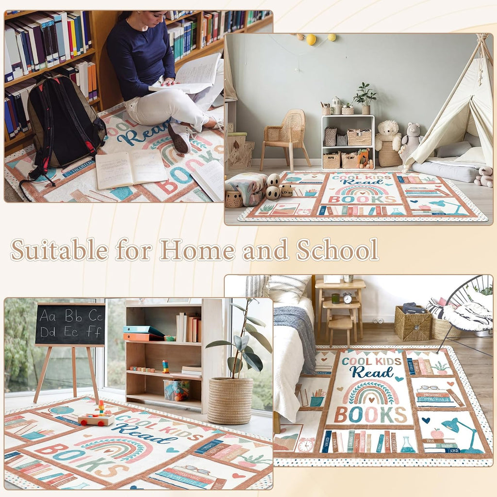 3.3 x 3.9 ft Boho Classroom Rug Library Reading Rug Calming Corner Mat Bookshelf Mental Health Area Washable Non Slip Soft Fluffy Carpet for School Bedroom Living Room Playroom