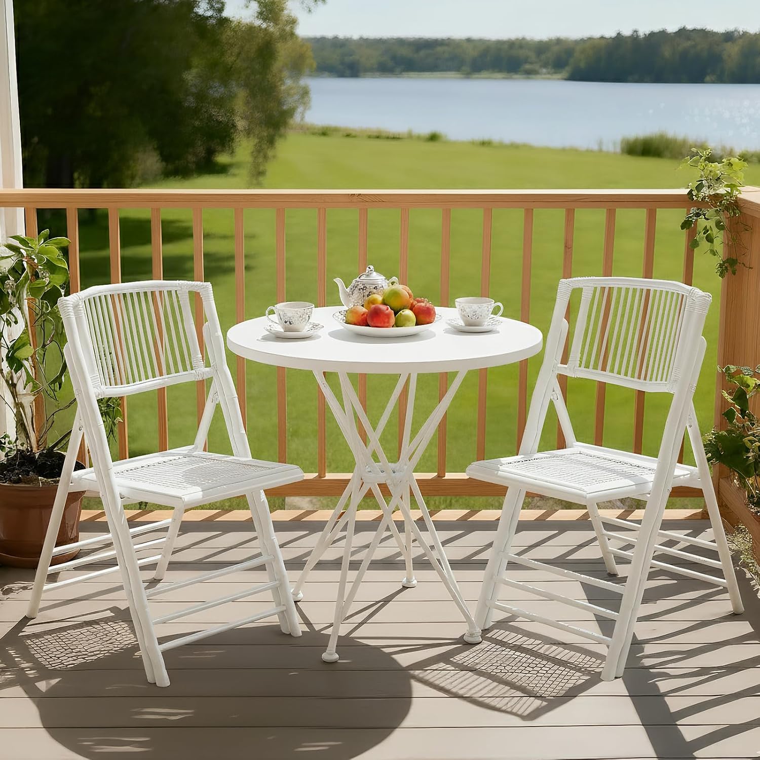 VINGLI Bamboo Folding Chair, Foldable Dining Wood Chairs Comfortable Seat for Outdoor & Indoor, Patio, Porch, Wedding, Party, Event,White (4 Pack)