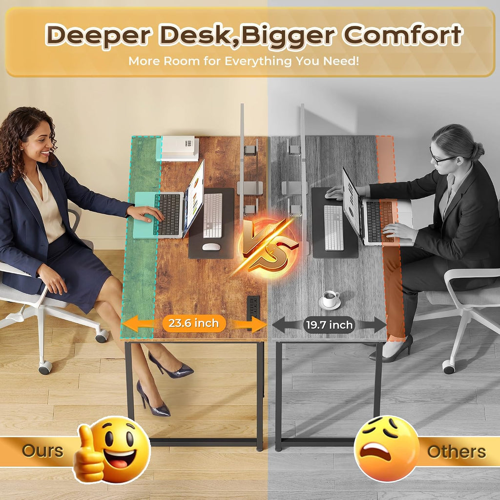 PRAISUN 47 Inch Computer Gaming Desk with Power Outlets and USB-C Port, 24 Inch Deeper Desktop, Office Desk for Home Office, Study, Bedroom, Writing Work from Home Desk, Metal Frame, Rustic Brown