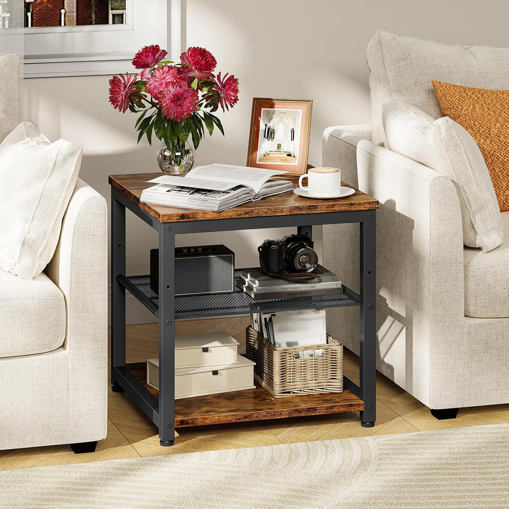 HOOBRO Mini Fridge Stand, Mini Fridge Cabinet with 2-Tier Storage Shelf, 19.7" x 19.7" Square End Table, Mini Fridge Table for Bedroom, Kitchen, Rustic Brown BF02BX01
