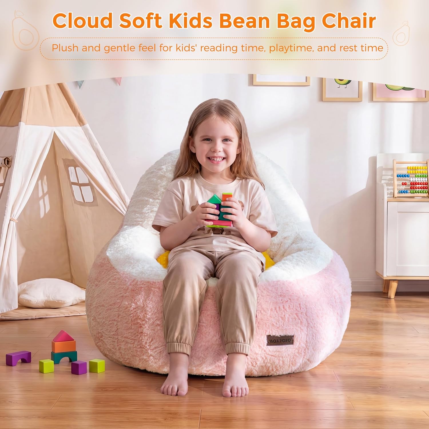 MAXYOYO Kids Bean Bag Chair, Cute Avocado-Shaped Toddler Sofa Chair, Pink | Soft Faux Fur Floor Chair with Backrest, Comfy Sofa for Boys and Girls , Floor Seat for Bedroom, Playroom, Nursery