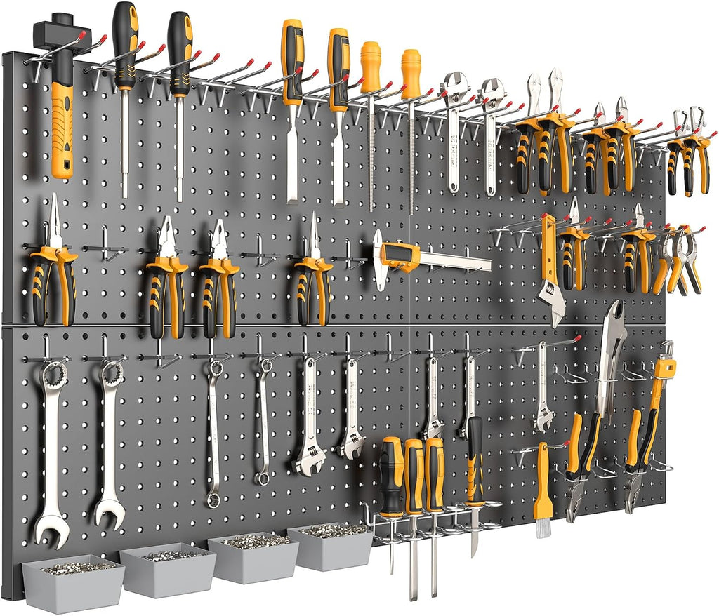 TORACK Garage Tools Organizer Boards Kit with Hooks, Modular Wall-Mounted Tool Storage Pegboard for Workbench(Black, 4 Panels with Hooks)