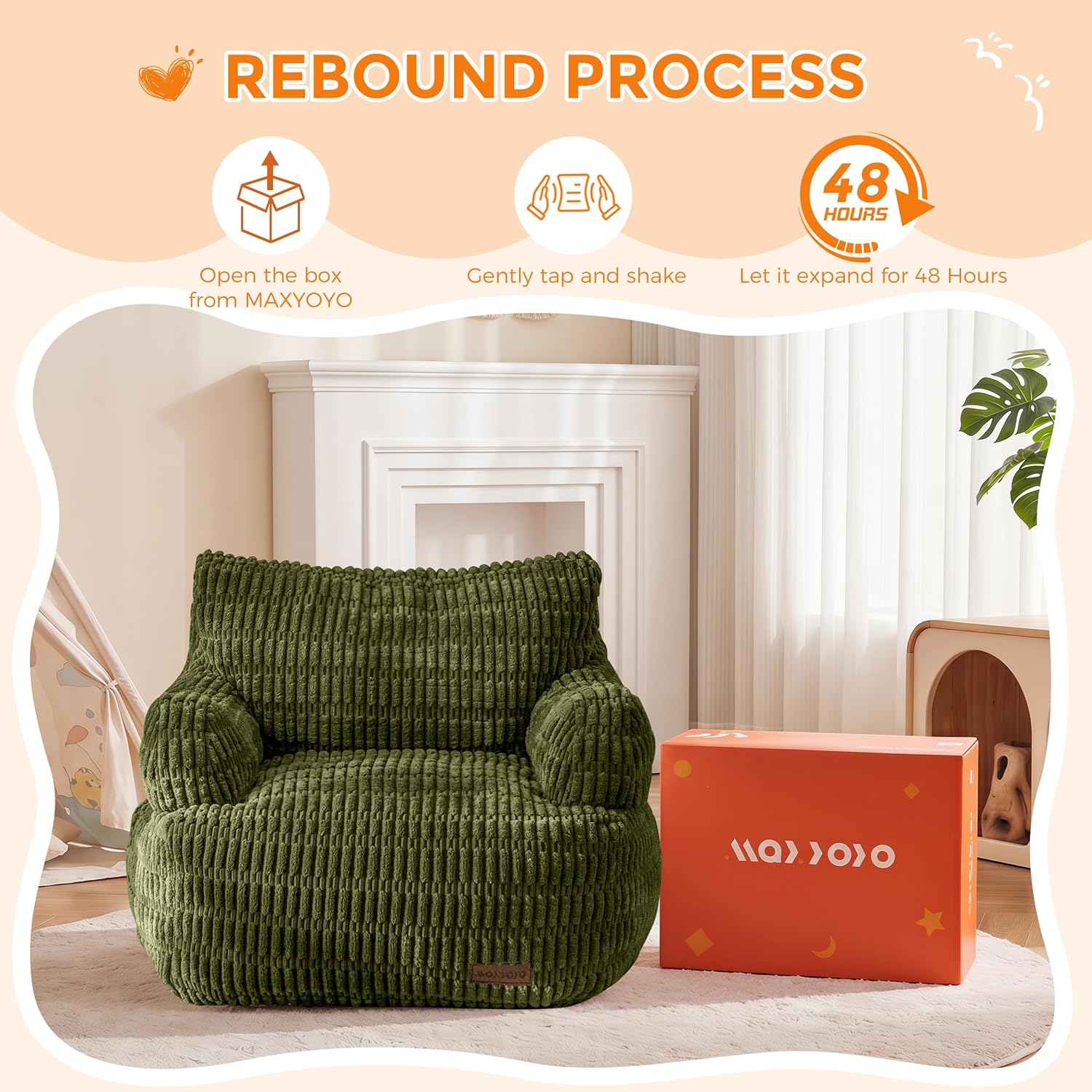 MAXYOYO Bean Bag Chair for Kids, Toddler Bean Bag Sofa with Armrest, Comfy Lazy Chair with Convenient Pockets, Floor Sofa with Filler for Gaming, Reading, Dark Green
