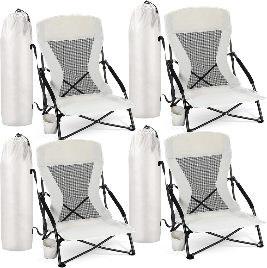 Menkxi 4 Pack Low Beach Chairs for Adults, Portable Folding Sand Chairs with Cup Holder and Carry Bag, Lightweight High Back Camping Chair for Beach Trips, Concerts, BBQ, Lawn, Outdoor (Light Grey)