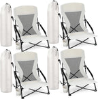 Menkxi 4 Pack Low Beach Chairs for Adults, Portable Folding Sand Chairs with Cup Holder and Carry Bag, Lightweight High Back Camping Chair for Beach Trips, Concerts, BBQ, Lawn, Outdoor (Light Grey)