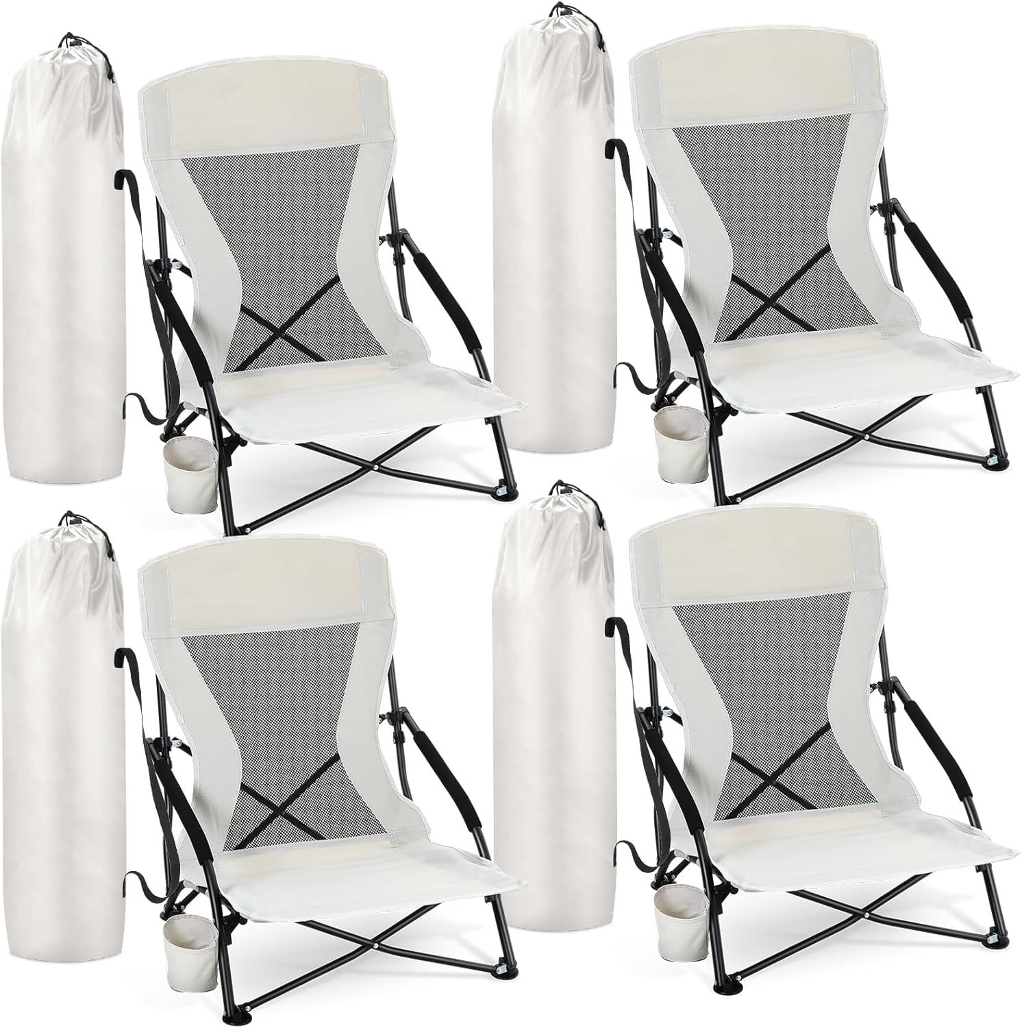 Menkxi 4 Pack Low Beach Chairs for Adults, Portable Folding Sand Chairs with Cup Holder and Carry Bag, Lightweight High Back Camping Chair for Beach Trips, Concerts, BBQ, Lawn, Outdoor (Light Grey)