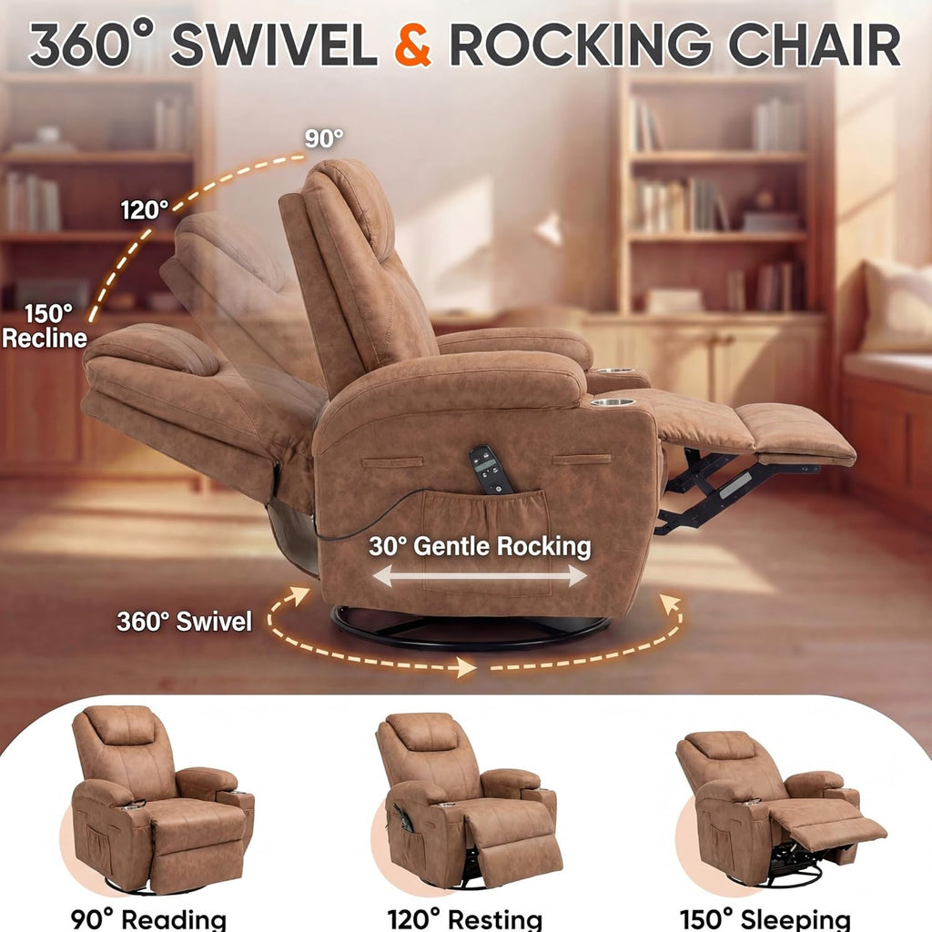 JUMMICO Small Swivel Rocker Recliner, 360 Rocking Chair Recliner with Massage, Upholstered Leathaire Rocker Recliner with Cup Holder for Living Room, Bedroom, Nursery (Dark Brown)