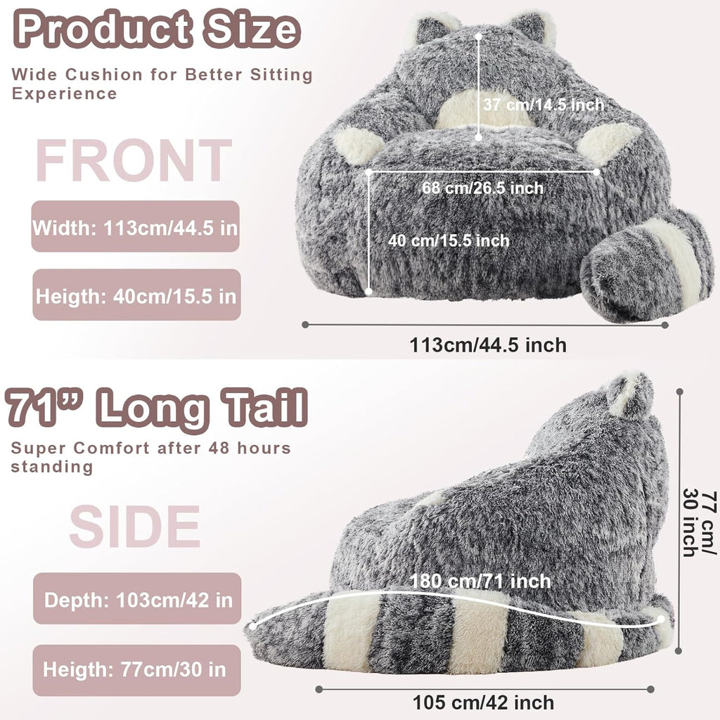 EBENCHICO Giant Bean Bag Chair for Adults Teens, Raccoon Shaped Faux Fur Bean Bag Sofa with Filler, Plush Beanbag Couch with Tail Pillow for Gaming, Reading, Bedroom, Dorm