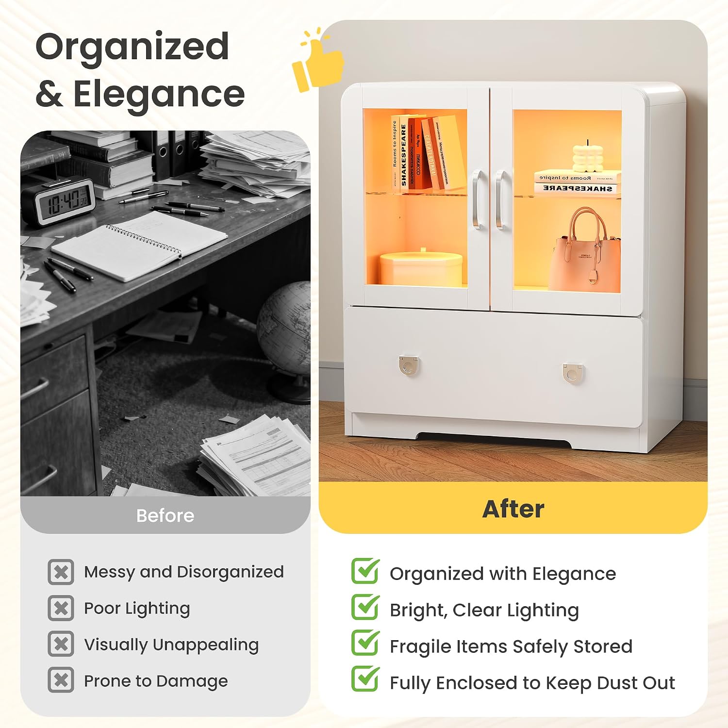 RoyalCraft White Display Cabinet with Acrylic Doors, Tall Curio Cabinet with LED Lights, Modern Storage Cabinet with Drawers & Adjustable Shelves, Ideal for Living Room, Child's Room
