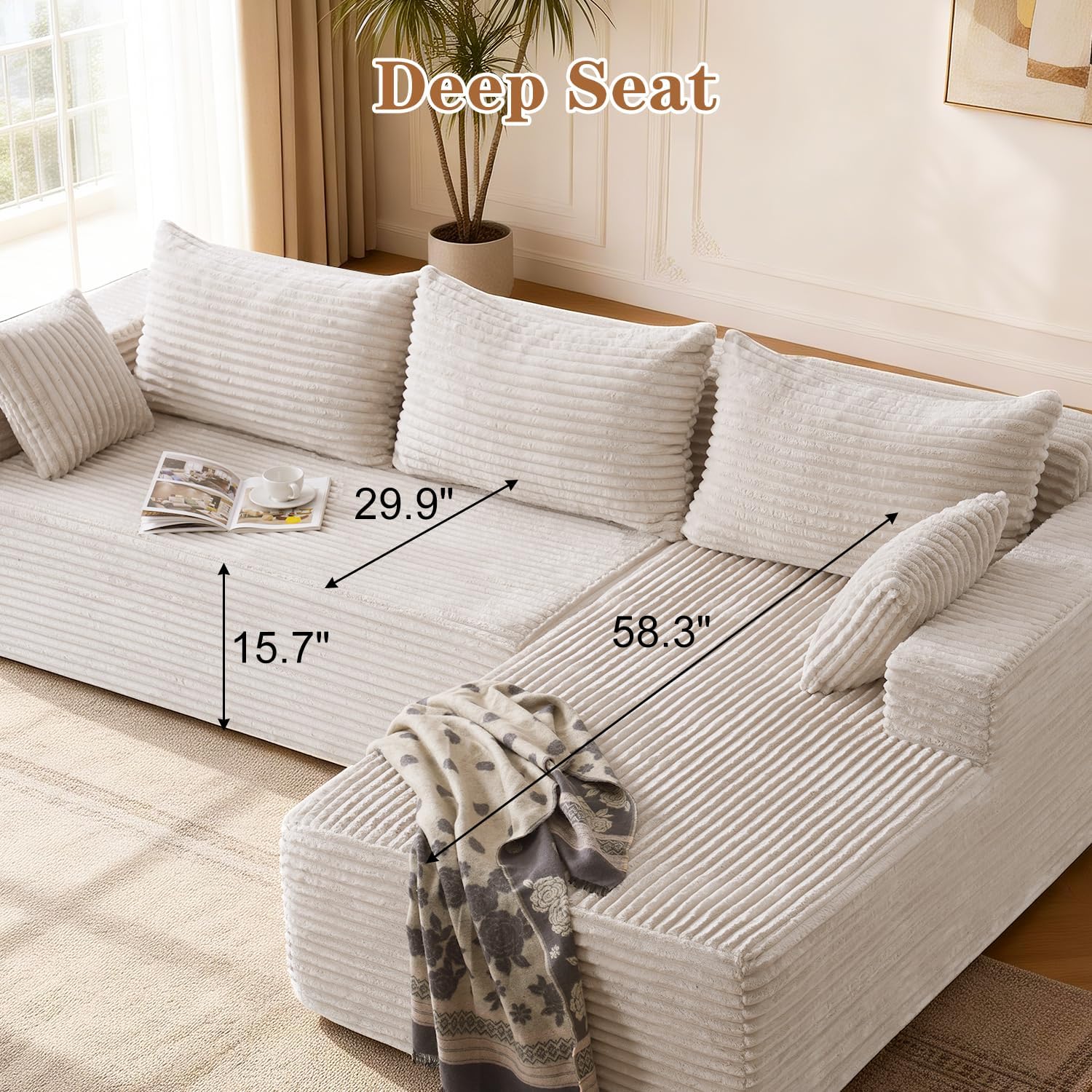 PARKOL 105" Cloud Sectional Couch with L-Shape Chaise,Modern Modular Sofa with Deep Seat, Upholstered Couches for Living Room Bedroom,No Assembly Required, Beige(Plush Corduroy Fabric)