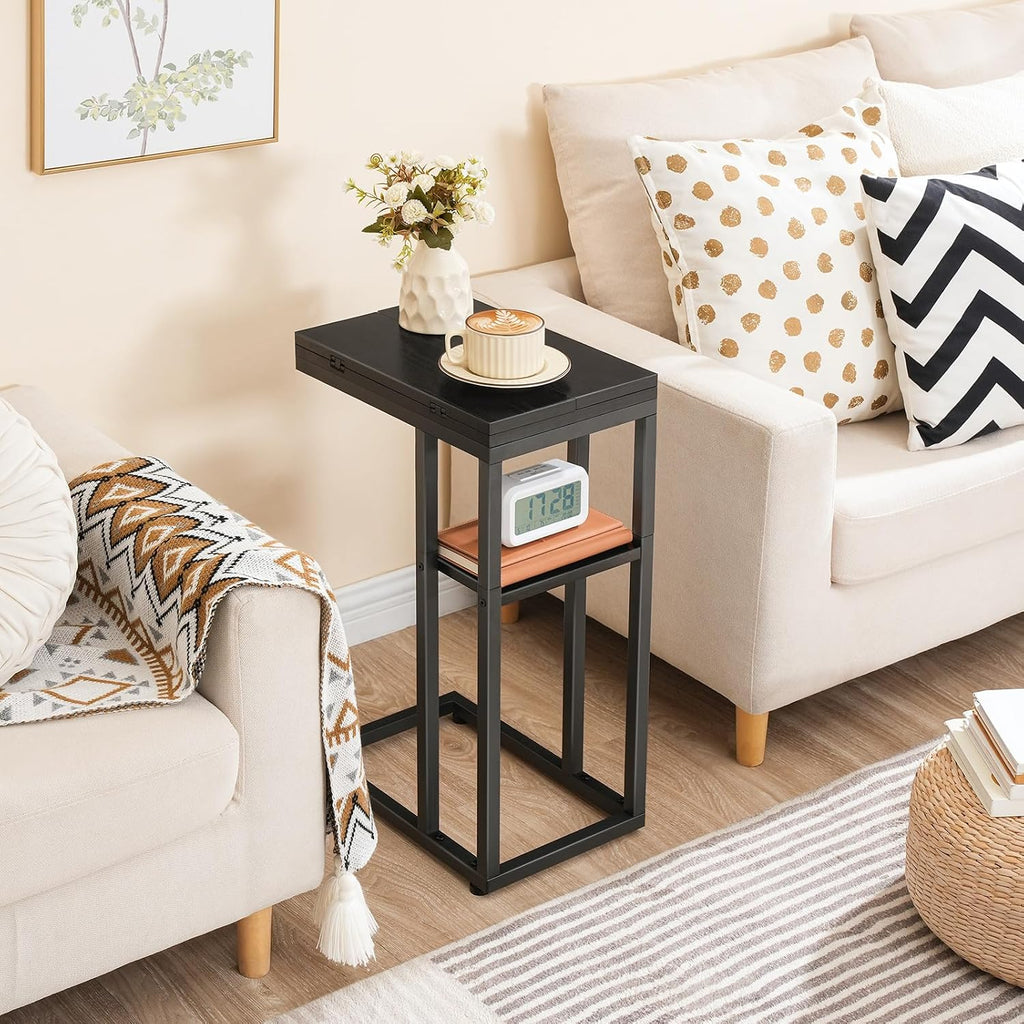 HOOBRO Side Table, Round End Accent Table with Sturdy Metal Pedestal, C Shaped Side Table with Storage Shelf, Small Snack Table BB95BZ01-BK29SF01