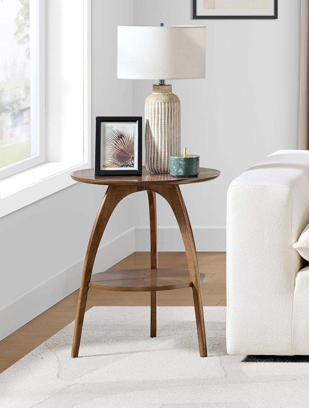 Martin Svensson Home LAX Retro Mid-Century Modern Round Wood End Table, Solid Grain Side Table with Lower Shelf, Small Accent Table for Living Room or Nightstand. Walnut Brown.