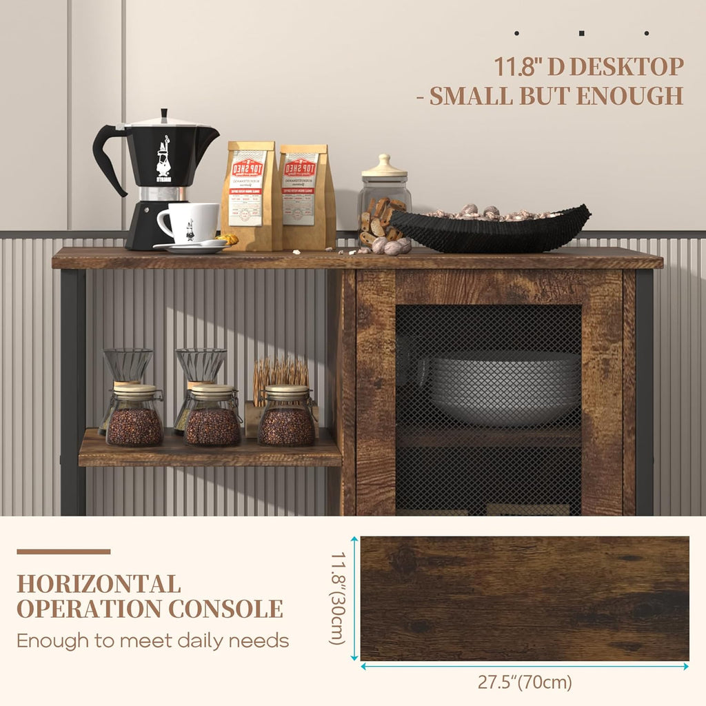 LVSOMT Mini Coffee Bar Cabinet for Home Kitchen, 27.5'' Coffee Stand Station with Adjustable Shelves & Door, Farmhouse Sideboard Buffet for Small Space, Dining Room, Living Room, Industrial Brown